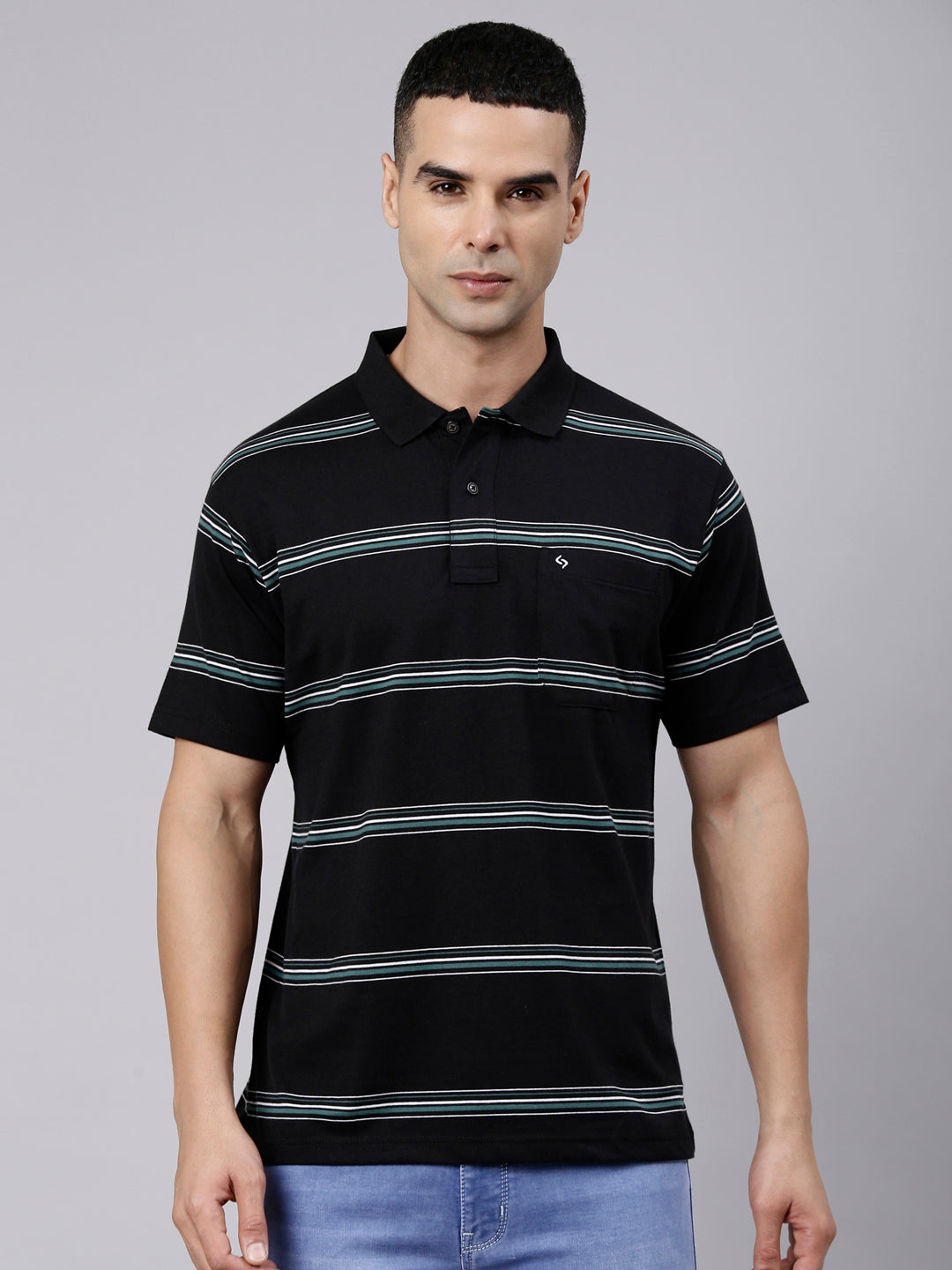 Classic Polo Men's Half Sleeve Black Polo Neck Authentic Fit Striped Cotton Blend T-Shirt | AVON - 664 B AF P