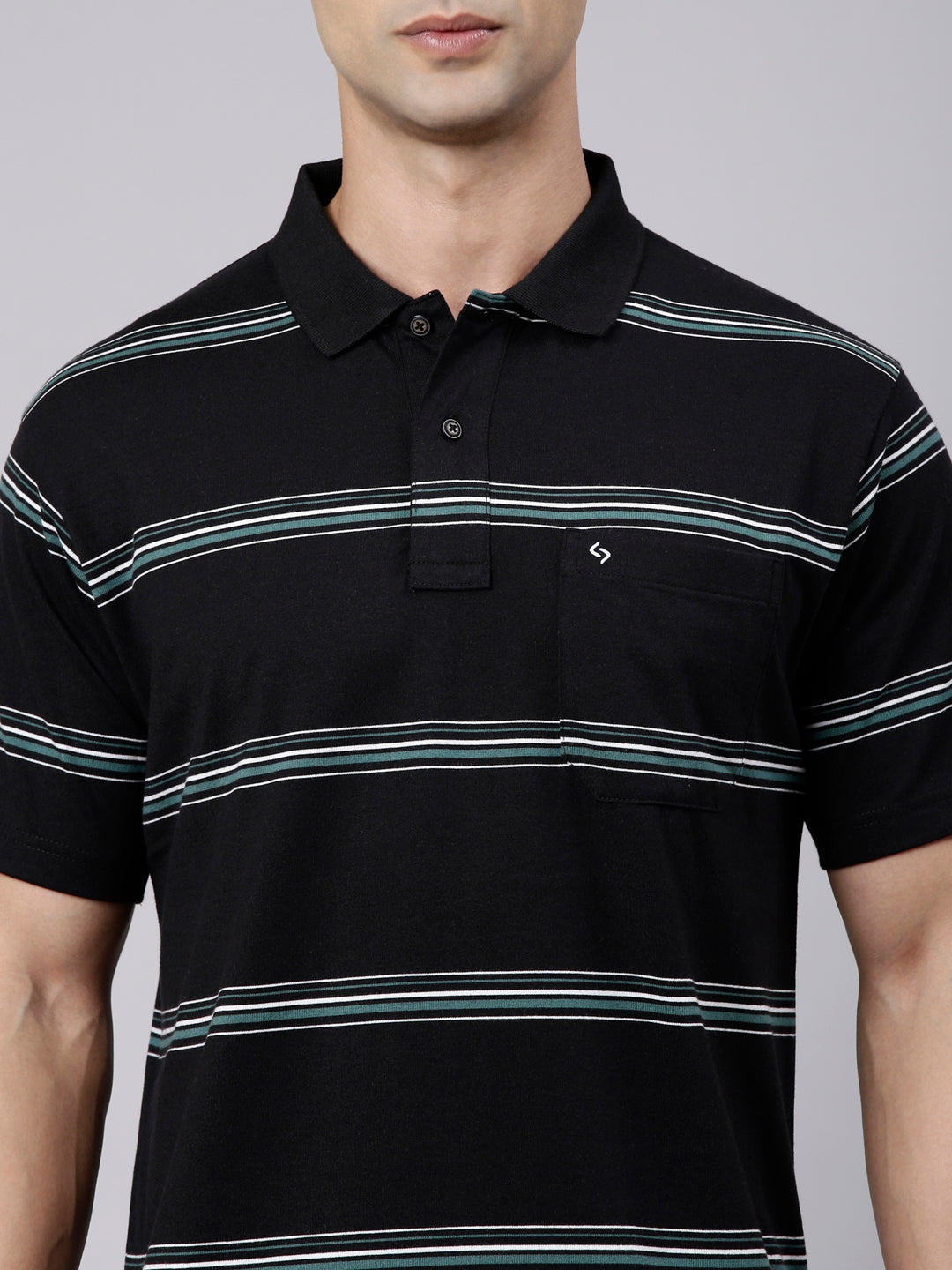 Classic Polo Men's Half Sleeve Black Polo Neck Authentic Fit Striped Cotton Blend T-Shirt | AVON - 664 B AF P