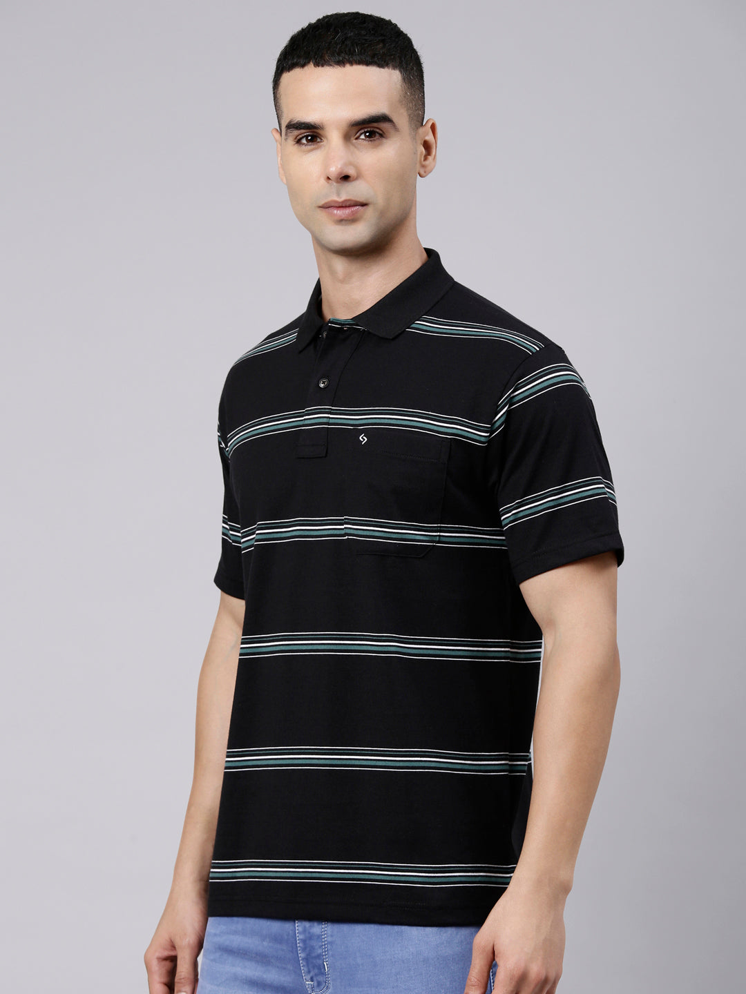 Classic Polo Men's Half Sleeve Black Polo Neck Authentic Fit Striped Cotton Blend T-Shirt | AVON - 664 B AF P