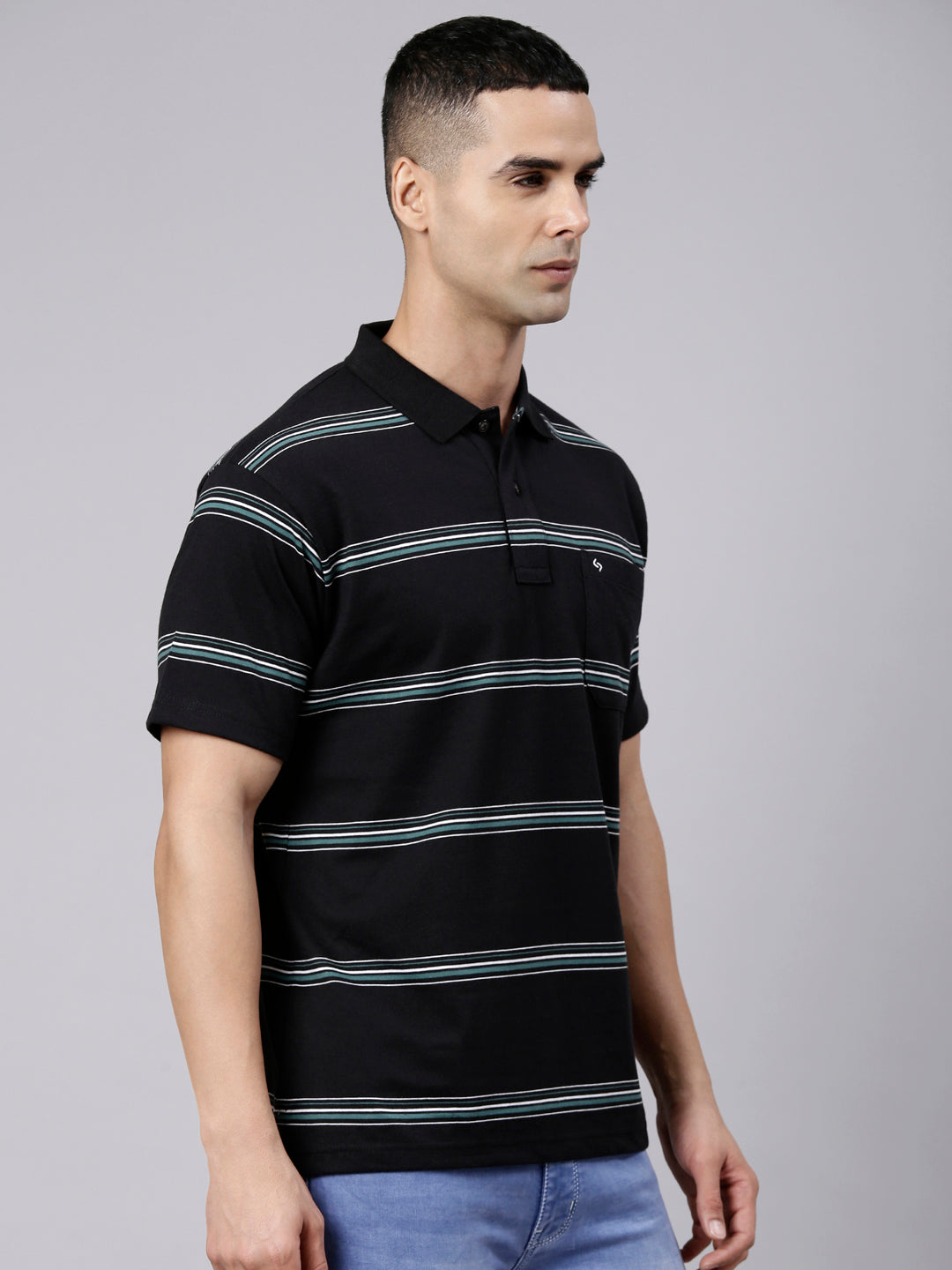 Classic Polo Men's Half Sleeve Black Polo Neck Authentic Fit Striped Cotton Blend T-Shirt | AVON - 664 B AF P