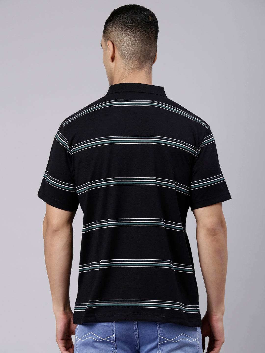 Classic Polo Men's Half Sleeve Black Polo Neck Authentic Fit Striped Cotton Blend T-Shirt | AVON - 664 B AF P