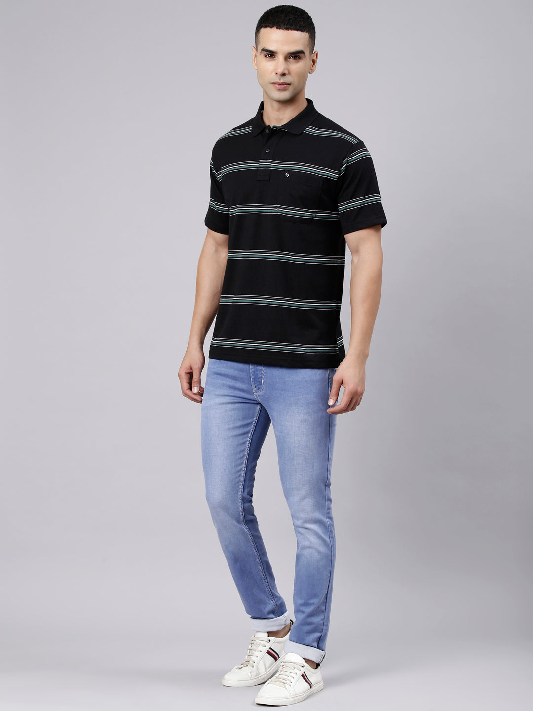 Classic Polo Men's Half Sleeve Black Polo Neck Authentic Fit Striped Cotton Blend T-Shirt | AVON - 664 B AF P