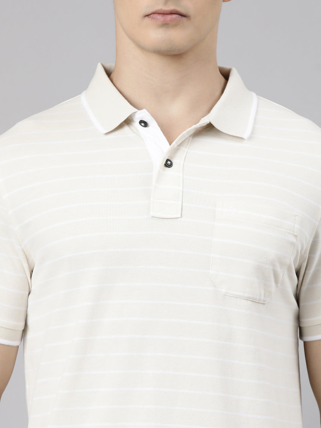 Classic Polo Men's Half Sleeve Light Beige Polo Neck Slim Fit Striped Cotton Blend T-Shirt | CPEG - 361 B SF P
