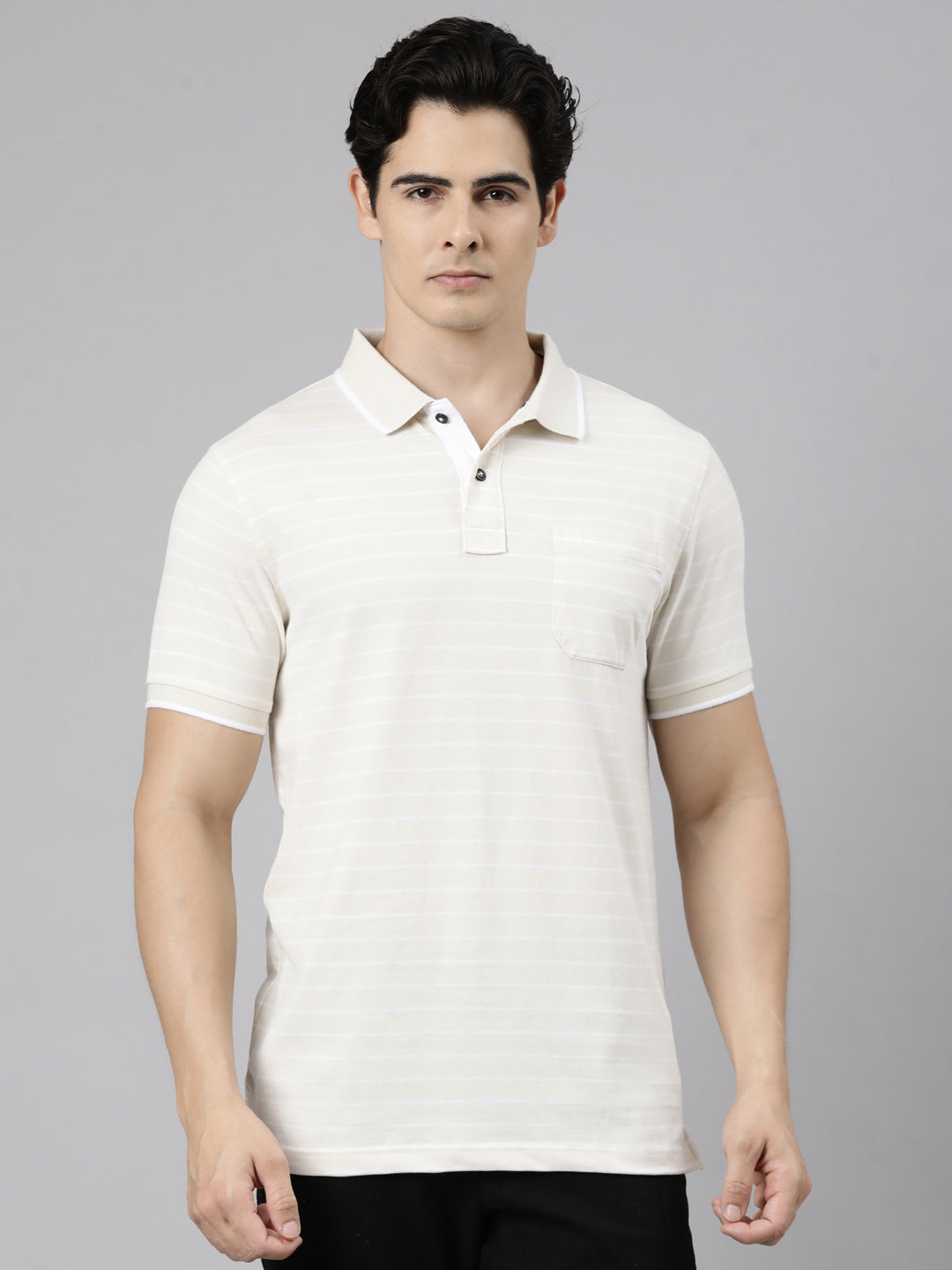 Classic Polo Men's Half Sleeve Light Beige Polo Neck Slim Fit Striped Cotton Blend T-Shirt | CPEG - 361 B SF P