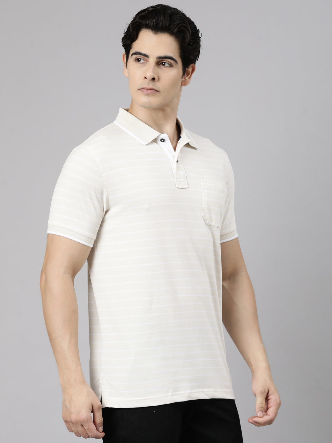 Classic Polo Men's Half Sleeve Light Beige Polo Neck Slim Fit Striped Cotton Blend T-Shirt | CPEG - 361 B SF P