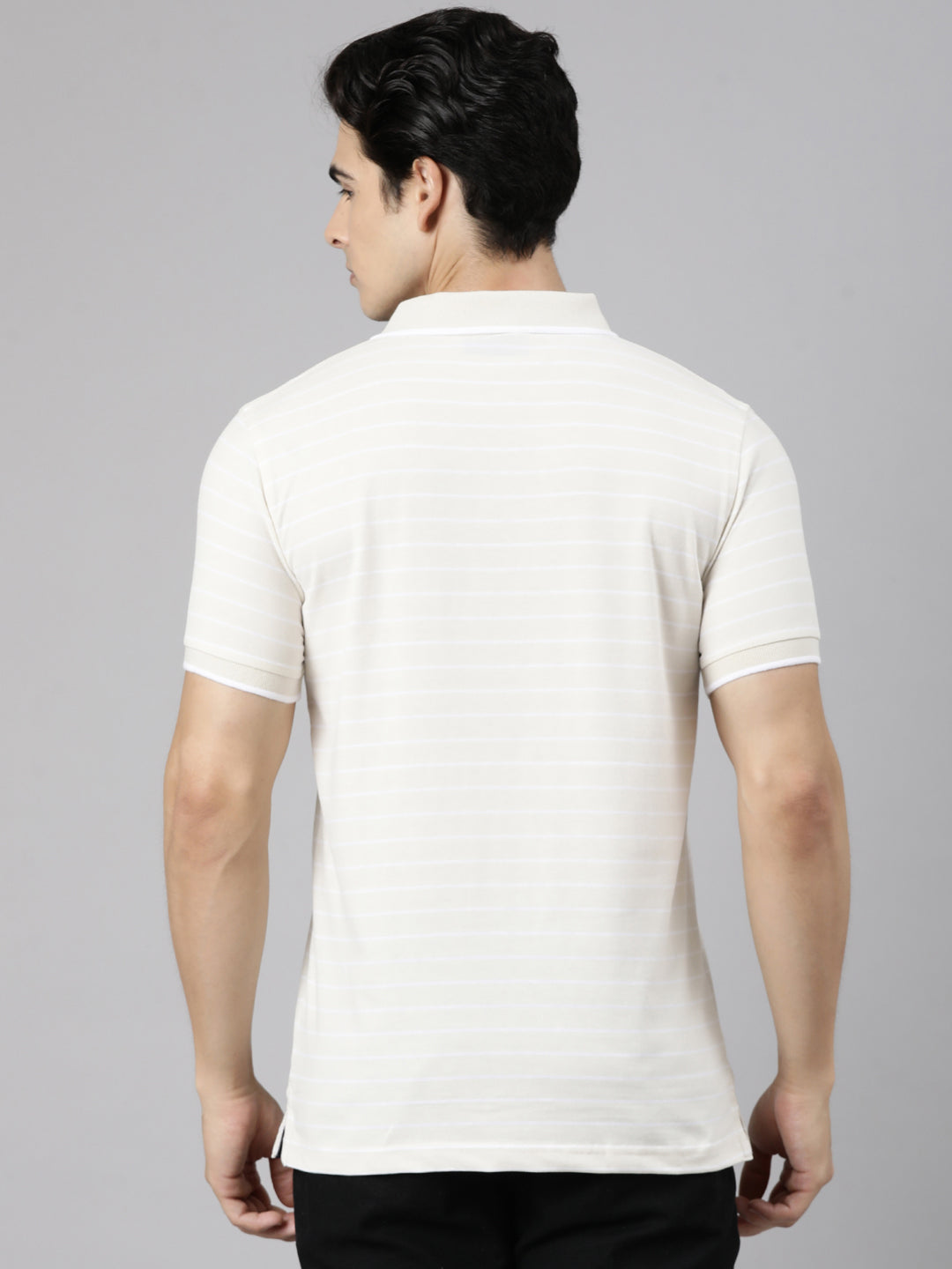 Classic Polo Men's Half Sleeve Light Beige Polo Neck Slim Fit Striped Cotton Blend T-Shirt | CPEG - 361 B SF P