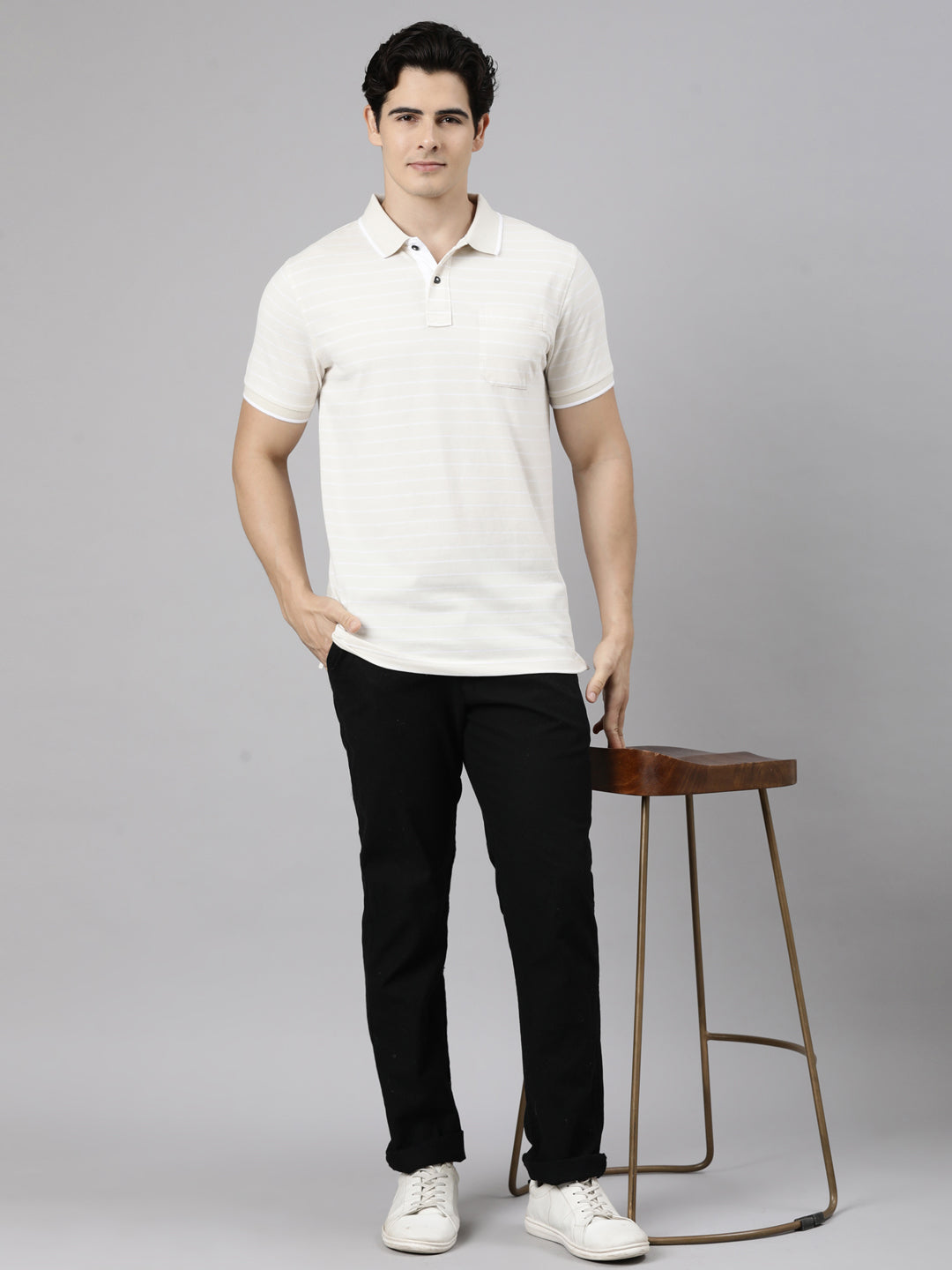 Classic Polo Men's Half Sleeve Light Beige Polo Neck Slim Fit Striped Cotton Blend T-Shirt | CPEG - 361 B SF P