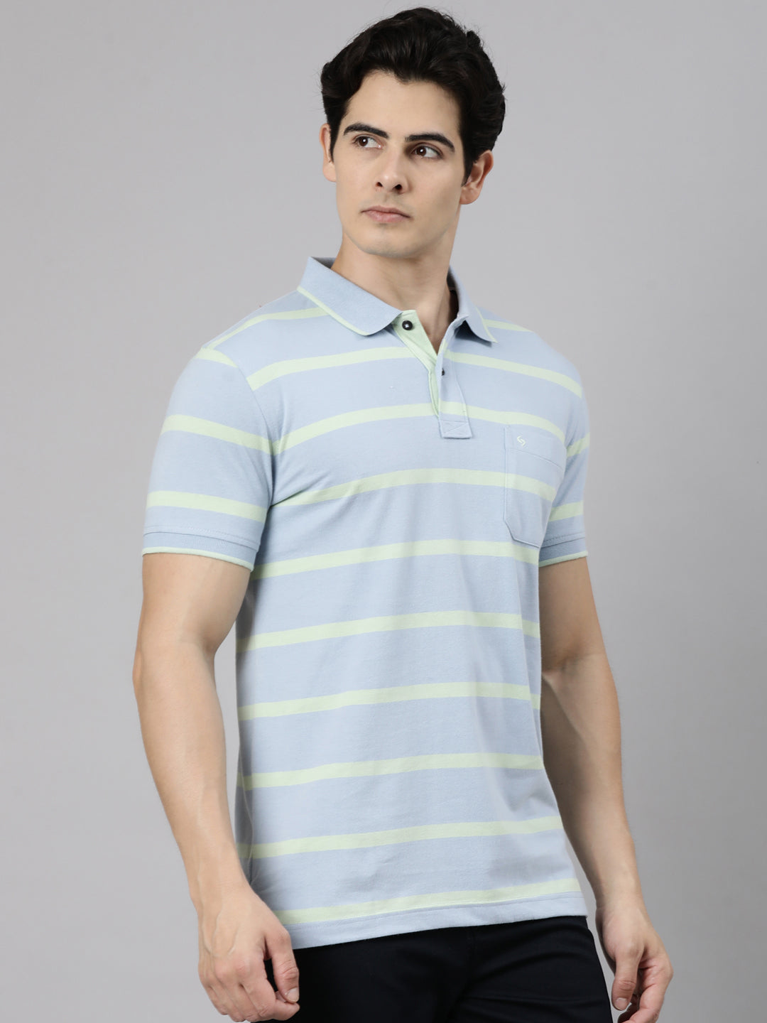 Classic Polo Men's Half Sleeve Blue Polo Neck Slim Fit Striped Cotton Blend T-Shirt | CPEG - 362 A SF P