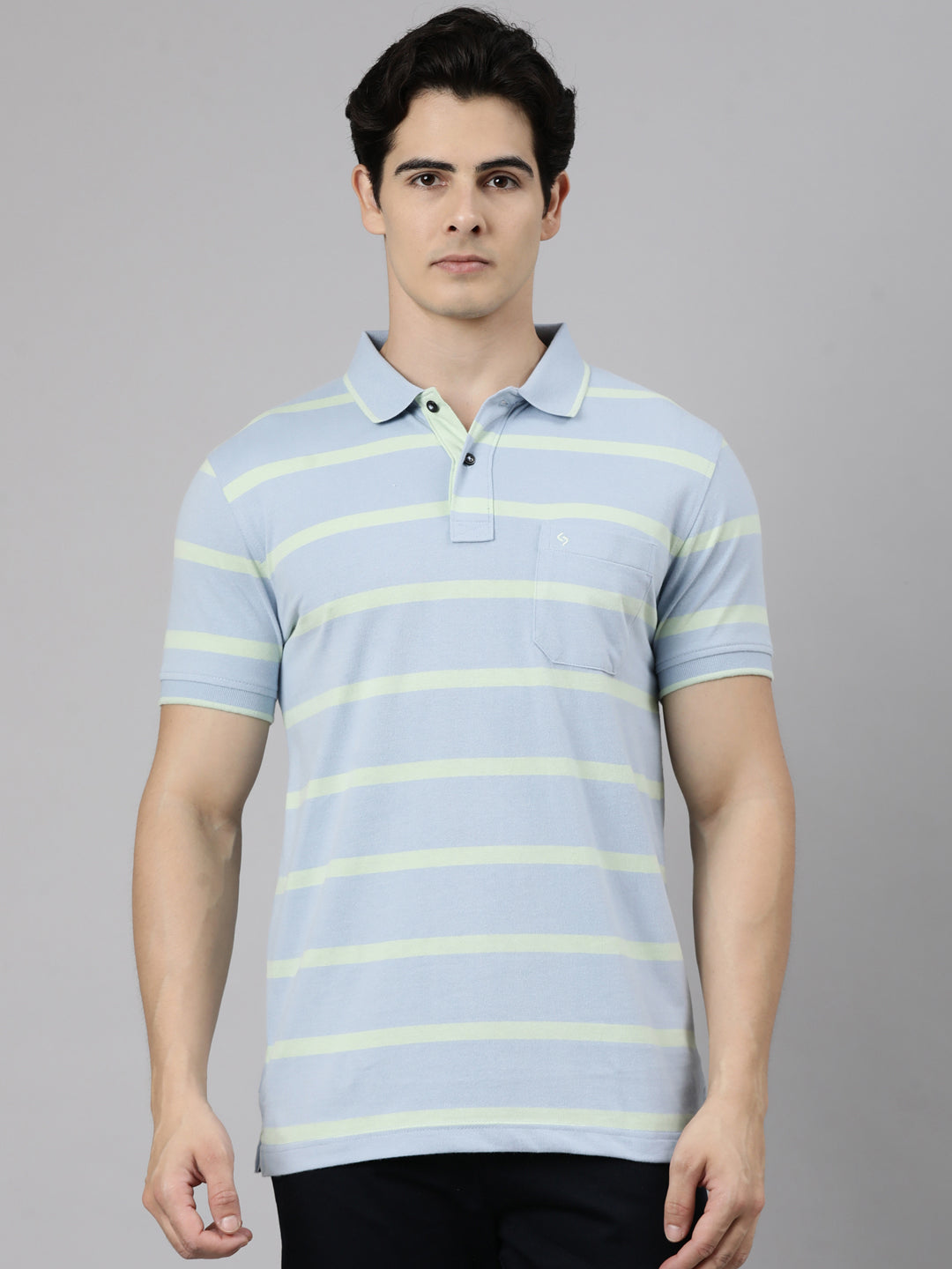 Classic Polo Men's Half Sleeve Blue Polo Neck Slim Fit Striped Cotton Blend T-Shirt | CPEG - 362 A SF P