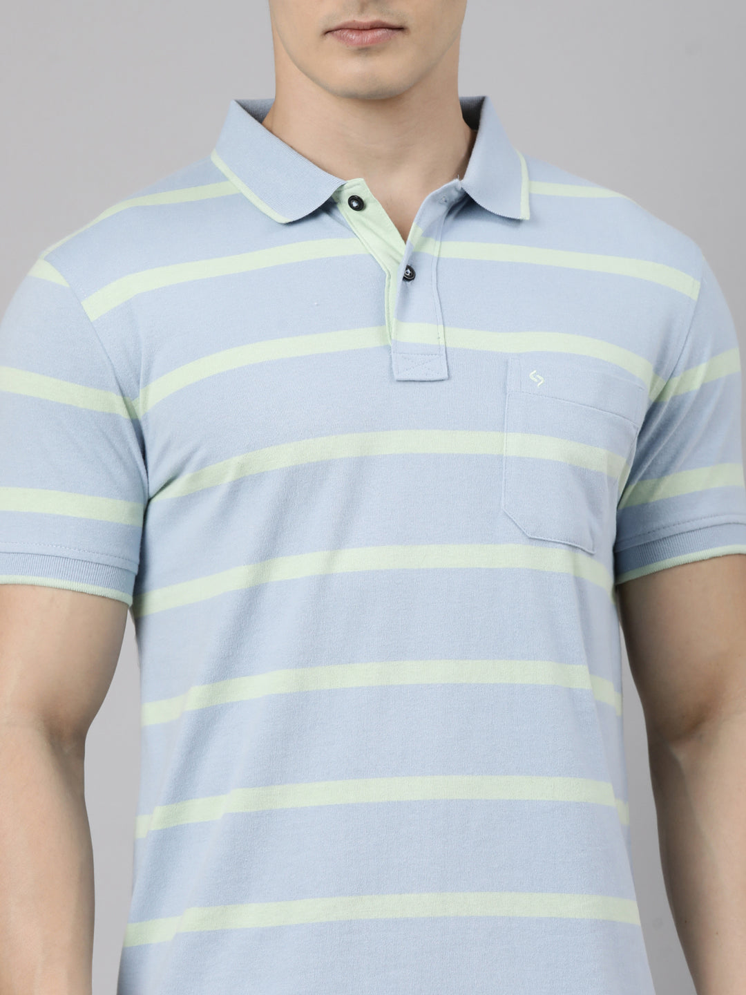 Classic Polo Men's Half Sleeve Blue Polo Neck Slim Fit Striped Cotton Blend T-Shirt | CPEG - 362 A SF P