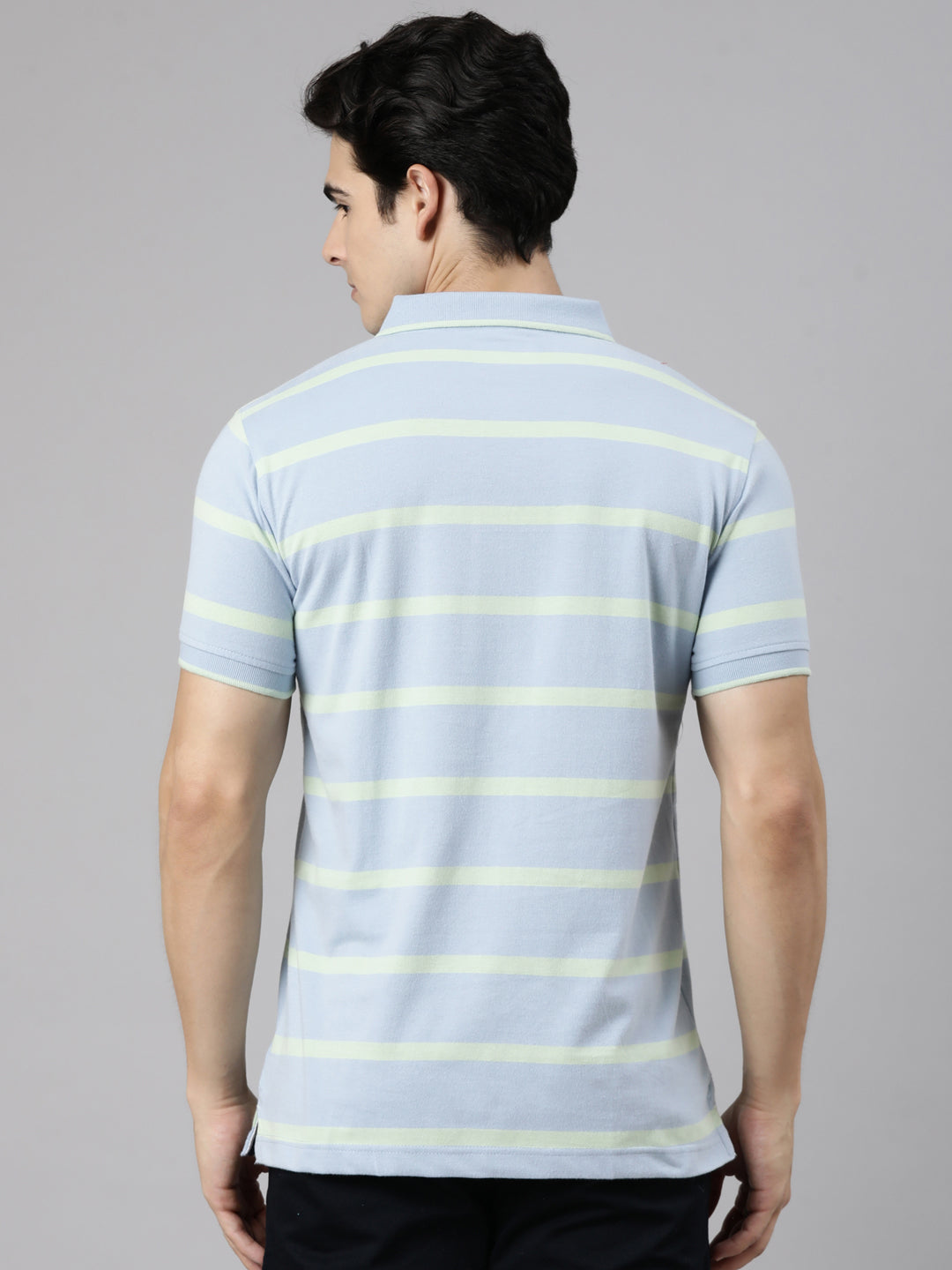 Classic Polo Men's Half Sleeve Blue Polo Neck Slim Fit Striped Cotton Blend T-Shirt | CPEG - 362 A SF P