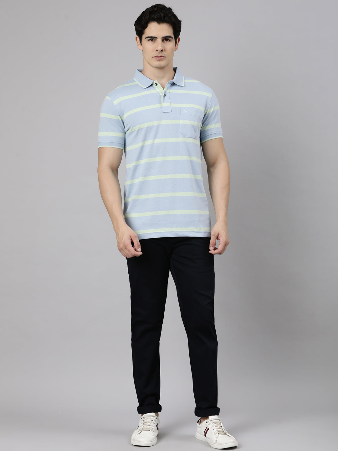 Classic Polo Men's Half Sleeve Blue Polo Neck Slim Fit Striped Cotton Blend T-Shirt | CPEG - 362 A SF P