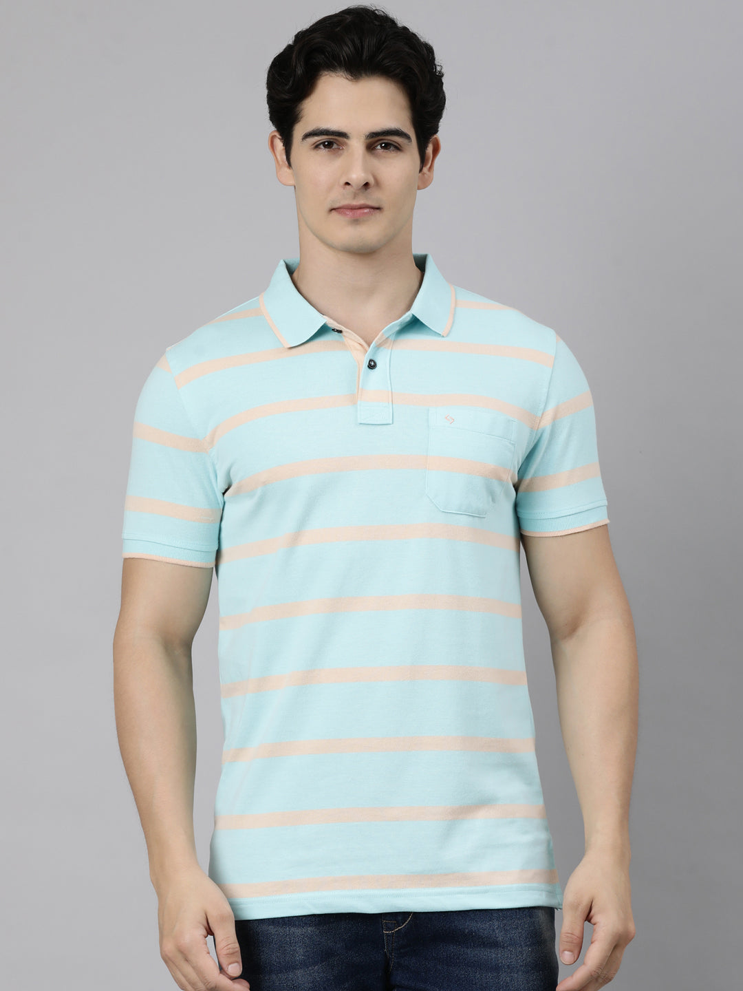 Classic Polo Men's Half Sleeve Blue Polo Neck Slim Fit Striped Cotton Blend T-Shirt | CPEG - 362 B SF P