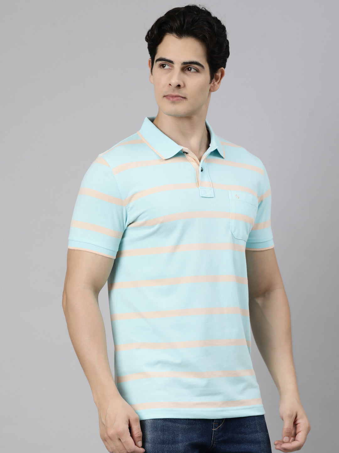 Classic Polo Men's Half Sleeve Blue Polo Neck Slim Fit Striped Cotton Blend T-Shirt | CPEG - 362 B SF P