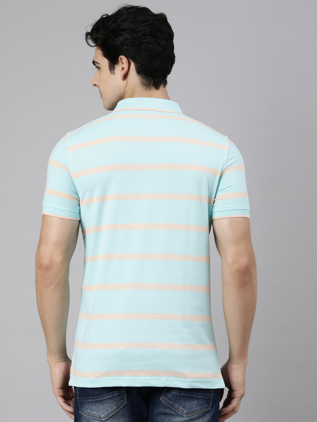 Classic Polo Men's Half Sleeve Blue Polo Neck Slim Fit Striped Cotton Blend T-Shirt | CPEG - 362 B SF P