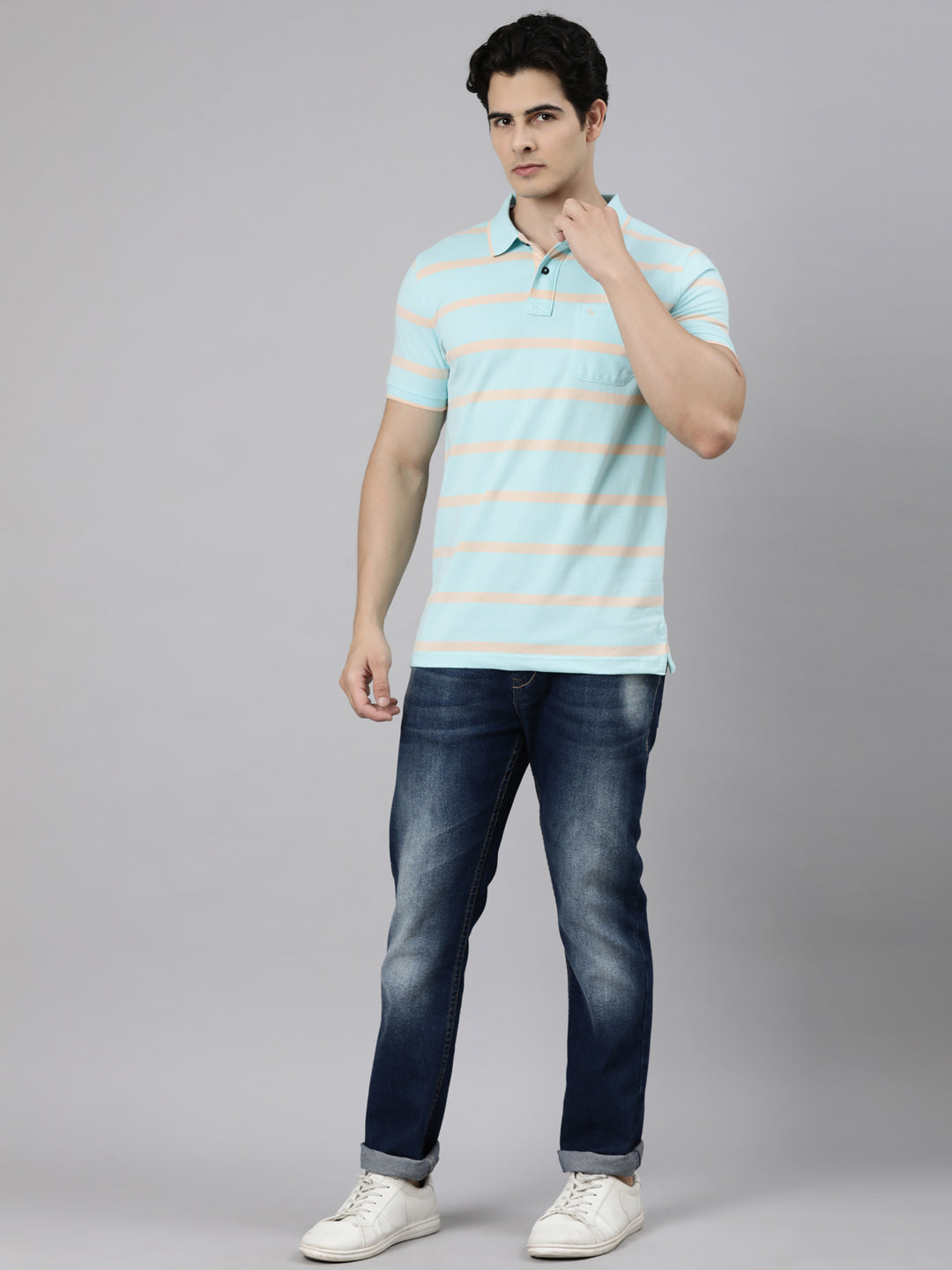 Classic Polo Men's Half Sleeve Blue Polo Neck Slim Fit Striped Cotton Blend T-Shirt | CPEG - 362 B SF P