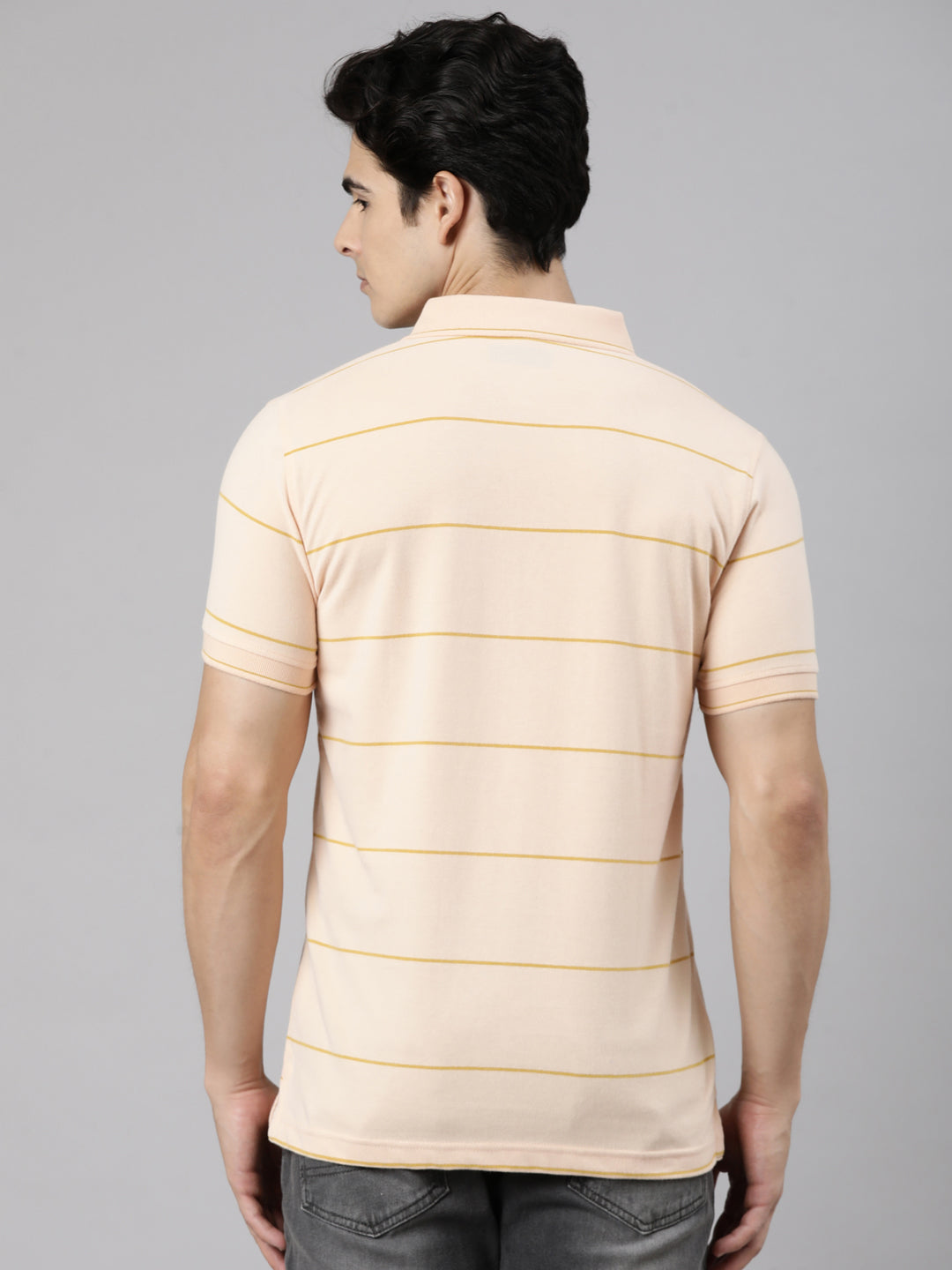 Classic Polo Men's Half Sleeve Light Orange Polo Neck Slim Fit Striped Cotton Blend T-Shirt | CPEG - 363 A SF P