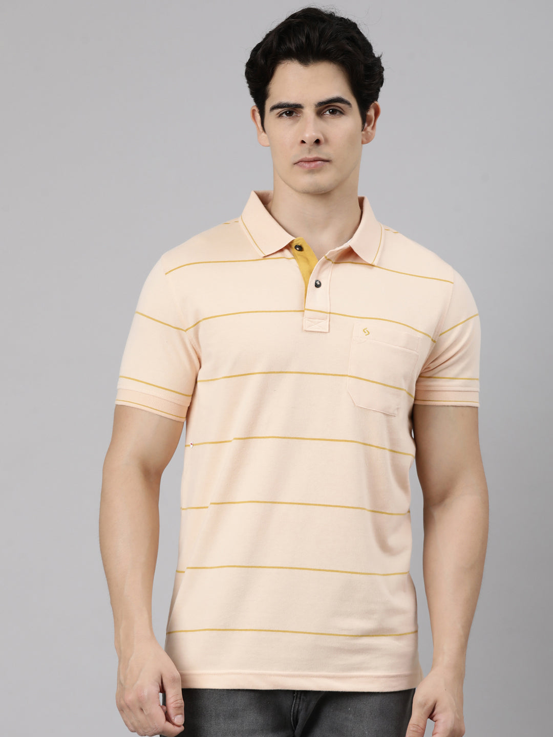 Classic Polo Men's Half Sleeve Light Orange Polo Neck Slim Fit Striped Cotton Blend T-Shirt | CPEG - 363 A SF P