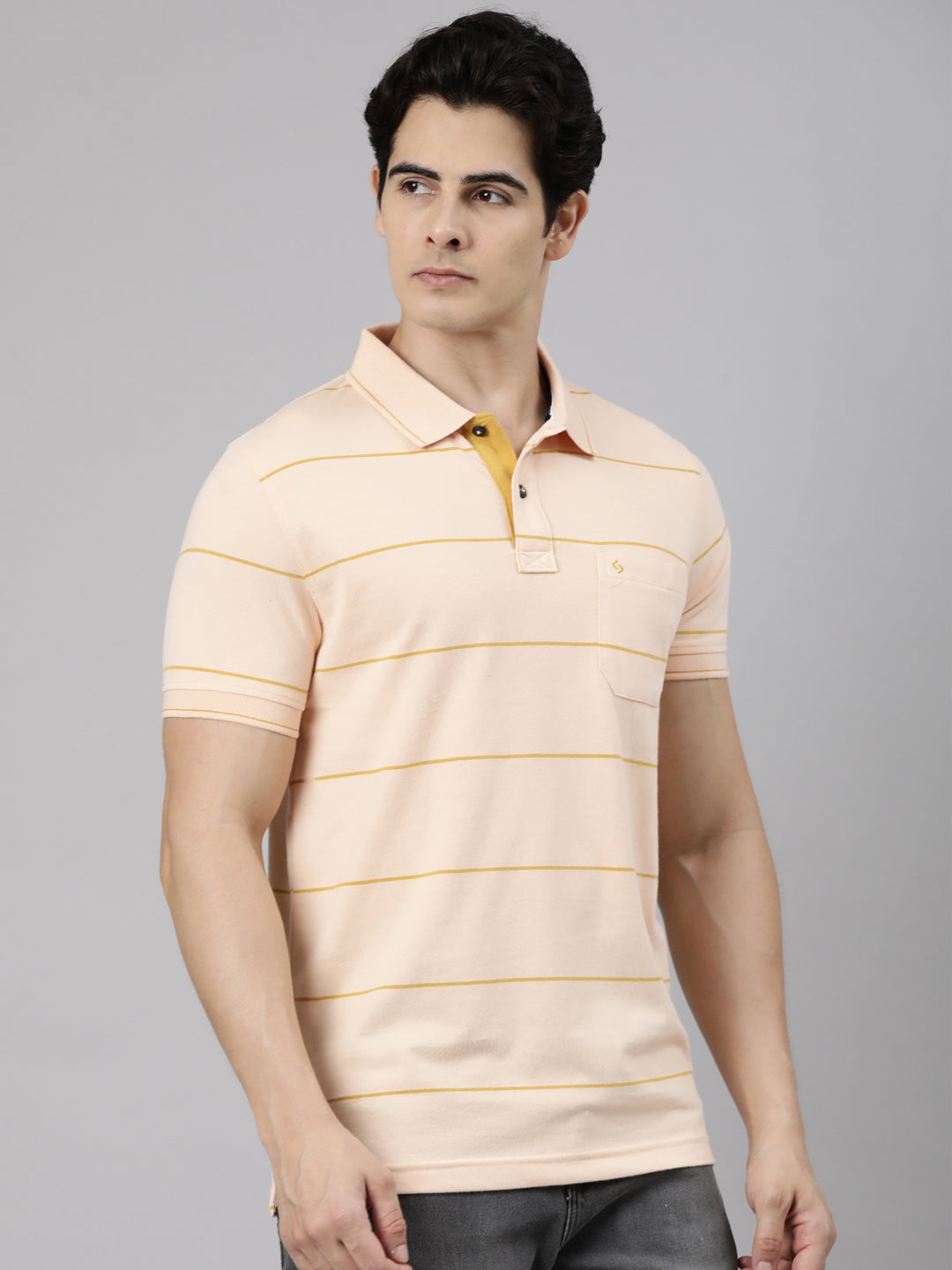 Classic Polo Men's Half Sleeve Light Orange Polo Neck Slim Fit Striped Cotton Blend T-Shirt | CPEG - 363 A SF P
