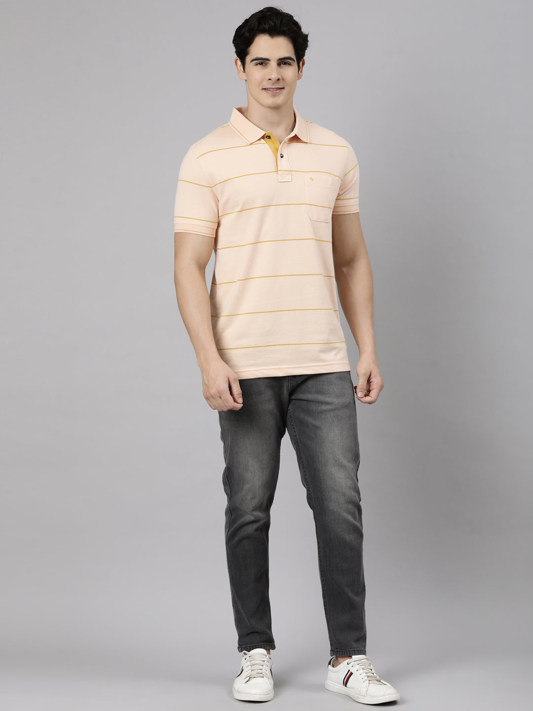 Classic Polo Men's Half Sleeve Light Orange Polo Neck Slim Fit Striped Cotton Blend T-Shirt | CPEG - 363 A SF P