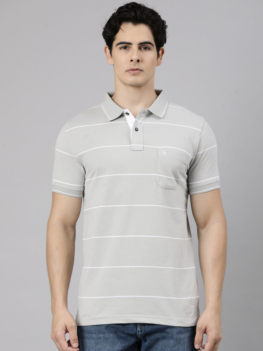 Classic Polo Men's Half Sleeve Light Grey Polo Neck Slim Fit Striped Cotton Blend T-Shirt | CPEG - 363 B SF P