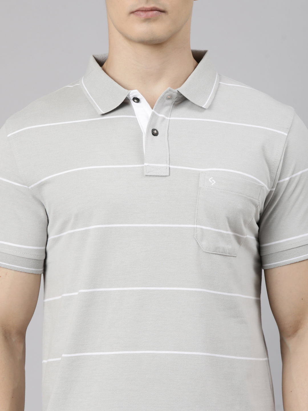 Classic Polo Men's Half Sleeve Light Grey Polo Neck Slim Fit Striped Cotton Blend T-Shirt | CPEG - 363 B SF P