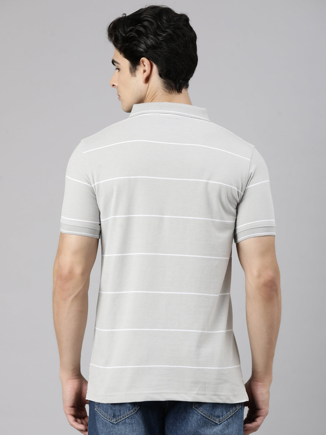 Classic Polo Men's Half Sleeve Light Grey Polo Neck Slim Fit Striped Cotton Blend T-Shirt | CPEG - 363 B SF P