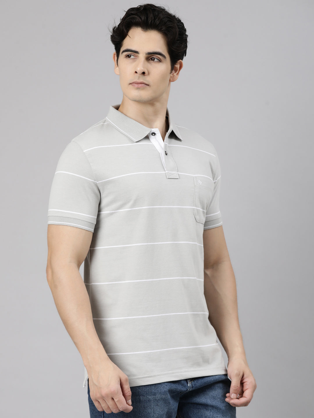 Classic Polo Men's Half Sleeve Light Grey Polo Neck Slim Fit Striped Cotton Blend T-Shirt | CPEG - 363 B SF P