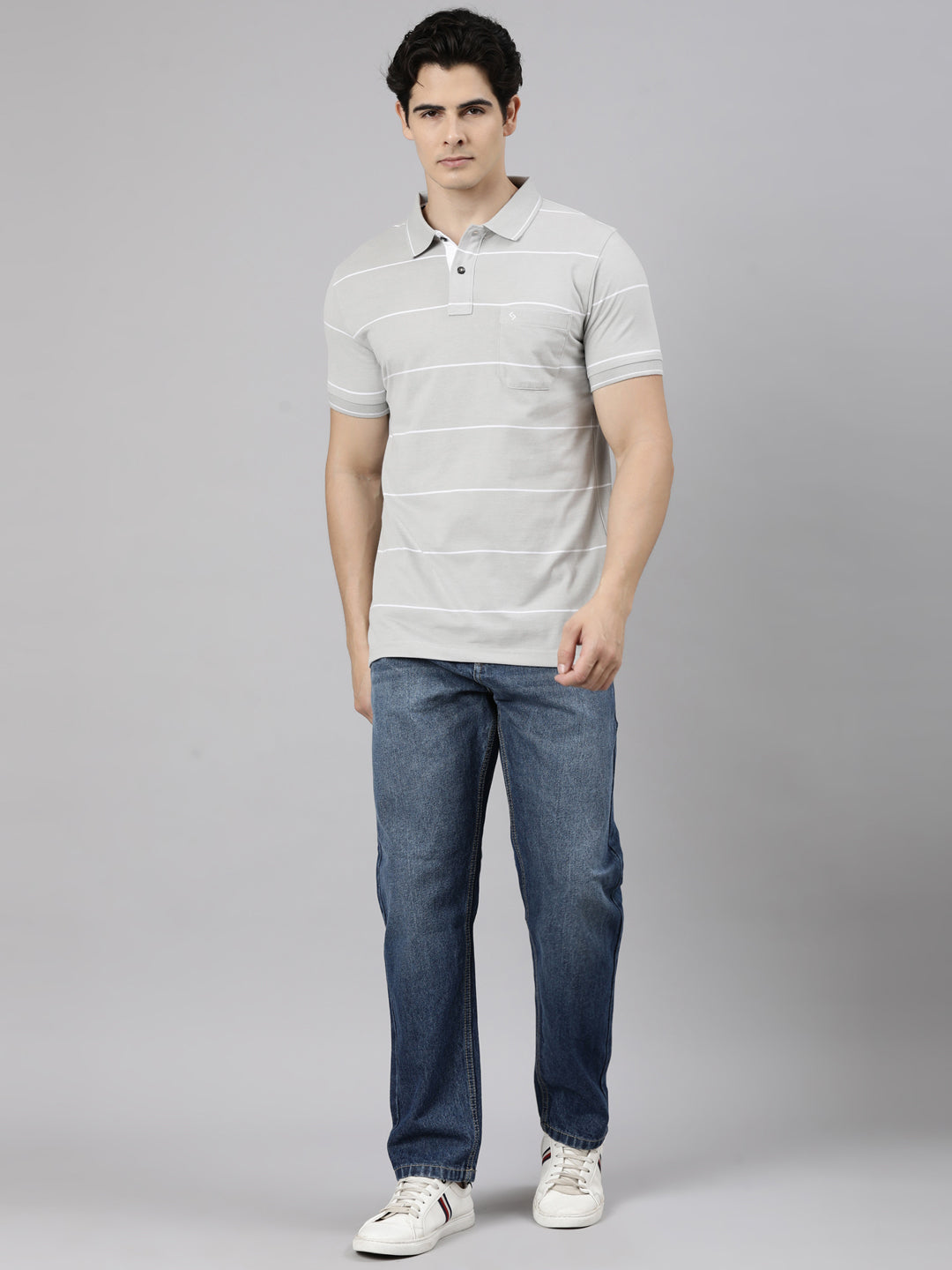Classic Polo Men's Half Sleeve Light Grey Polo Neck Slim Fit Striped Cotton Blend T-Shirt | CPEG - 363 B SF P