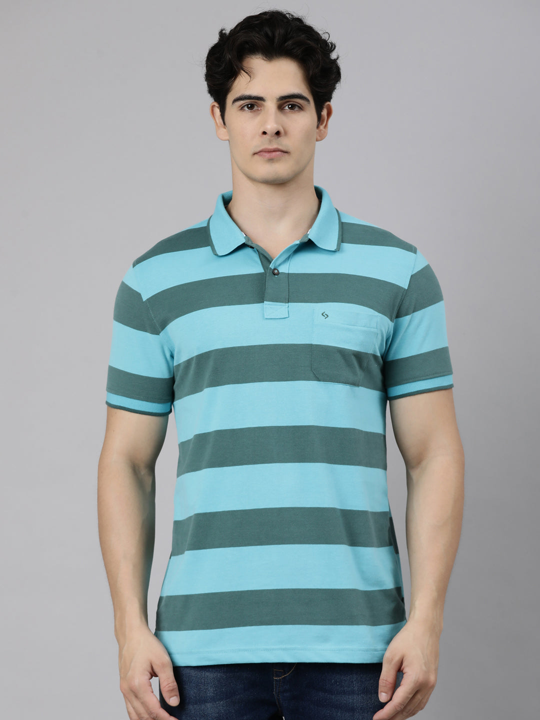 Classic Polo Men's Half Sleeve Blue Polo Neck Slim Fit Striped Cotton Blend T-Shirt | CPEG - 367 A SF P