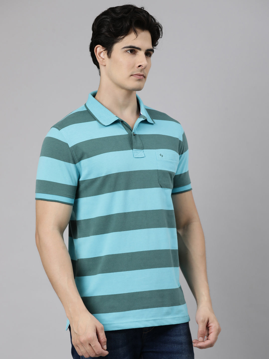 Classic Polo Men's Half Sleeve Blue Polo Neck Slim Fit Striped Cotton Blend T-Shirt | CPEG - 367 A SF P
