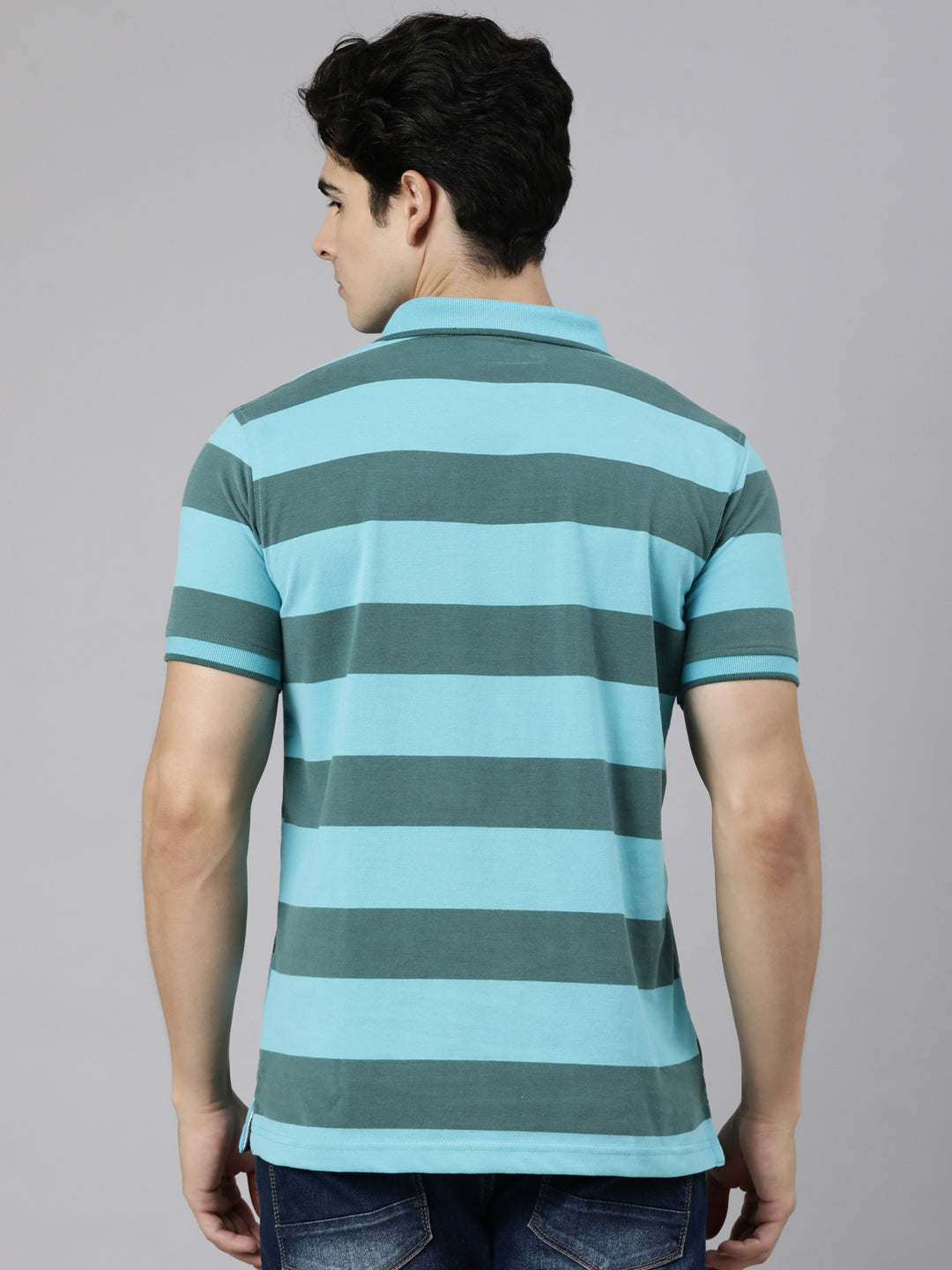 Classic Polo Men's Half Sleeve Blue Polo Neck Slim Fit Striped Cotton Blend T-Shirt | CPEG - 367 A SF P