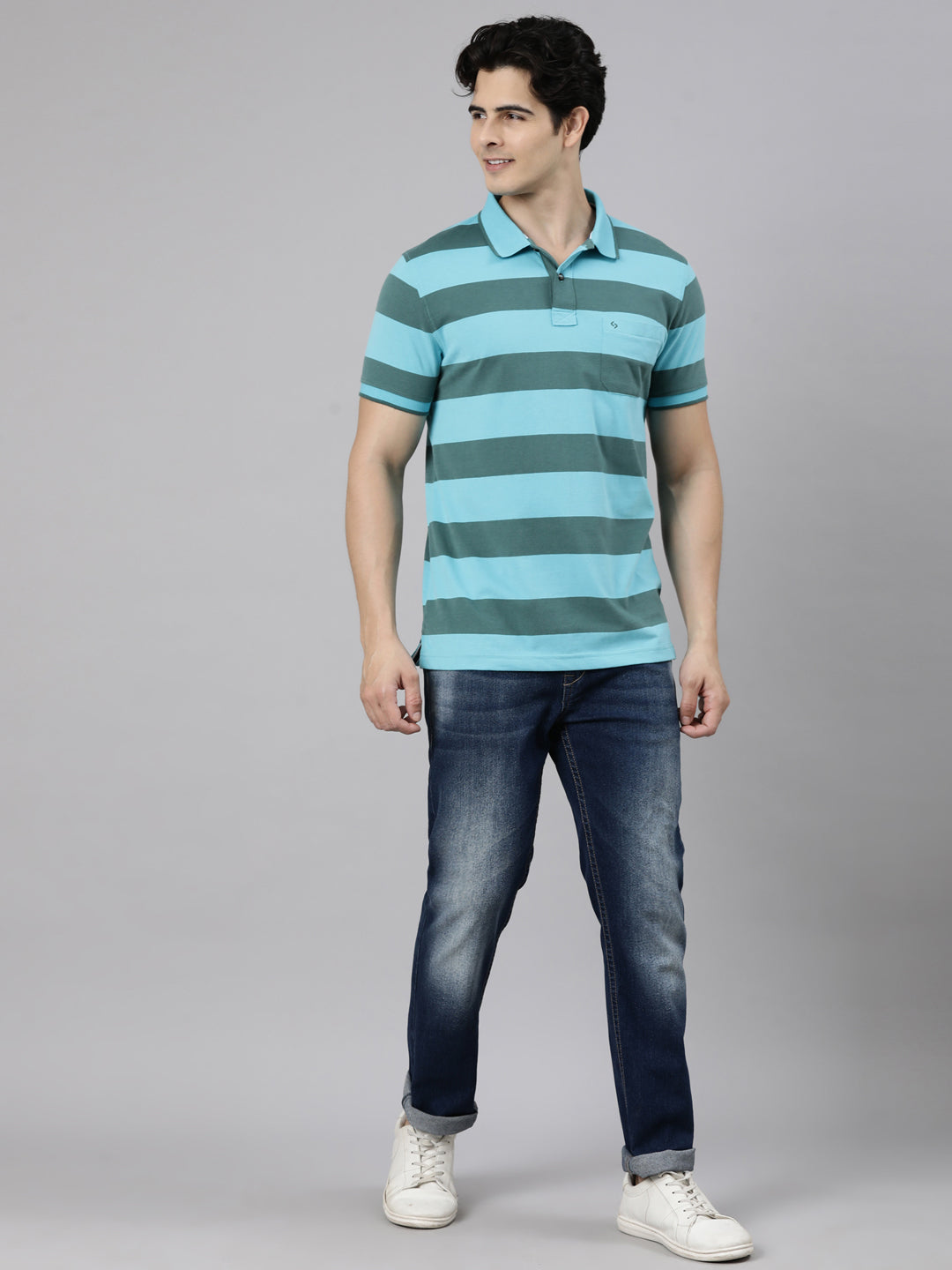 Classic Polo Men's Half Sleeve Blue Polo Neck Slim Fit Striped Cotton Blend T-Shirt | CPEG - 367 A SF P