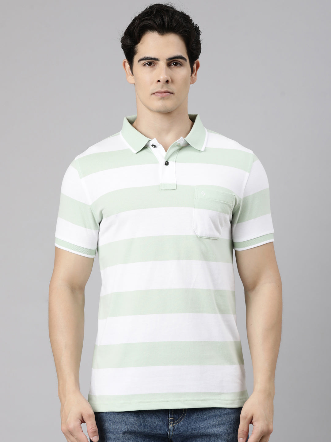 Classic Polo Men's Half Sleeve White Polo Neck Slim Fit Striped Cotton Blend T-Shirt | CPEG - 367 B SF P