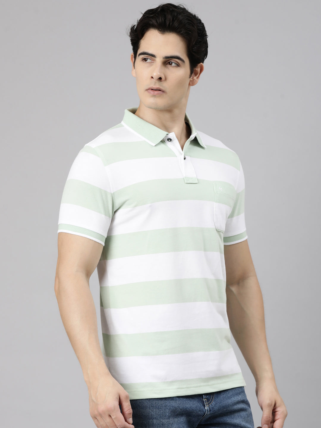 Classic Polo Men's Half Sleeve White Polo Neck Slim Fit Striped Cotton Blend T-Shirt | CPEG - 367 B SF P