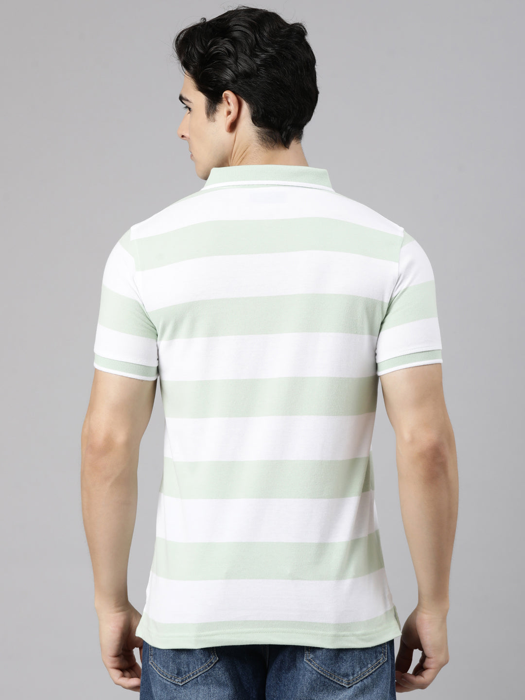 Classic Polo Men's Half Sleeve White Polo Neck Slim Fit Striped Cotton Blend T-Shirt | CPEG - 367 B SF P