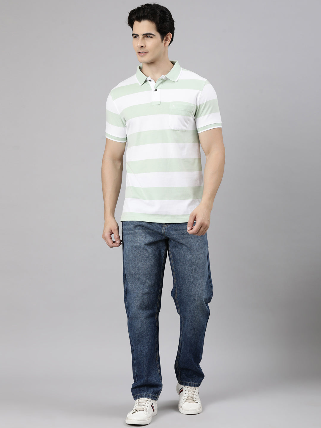 Classic Polo Men's Half Sleeve White Polo Neck Slim Fit Striped Cotton Blend T-Shirt | CPEG - 367 B SF P