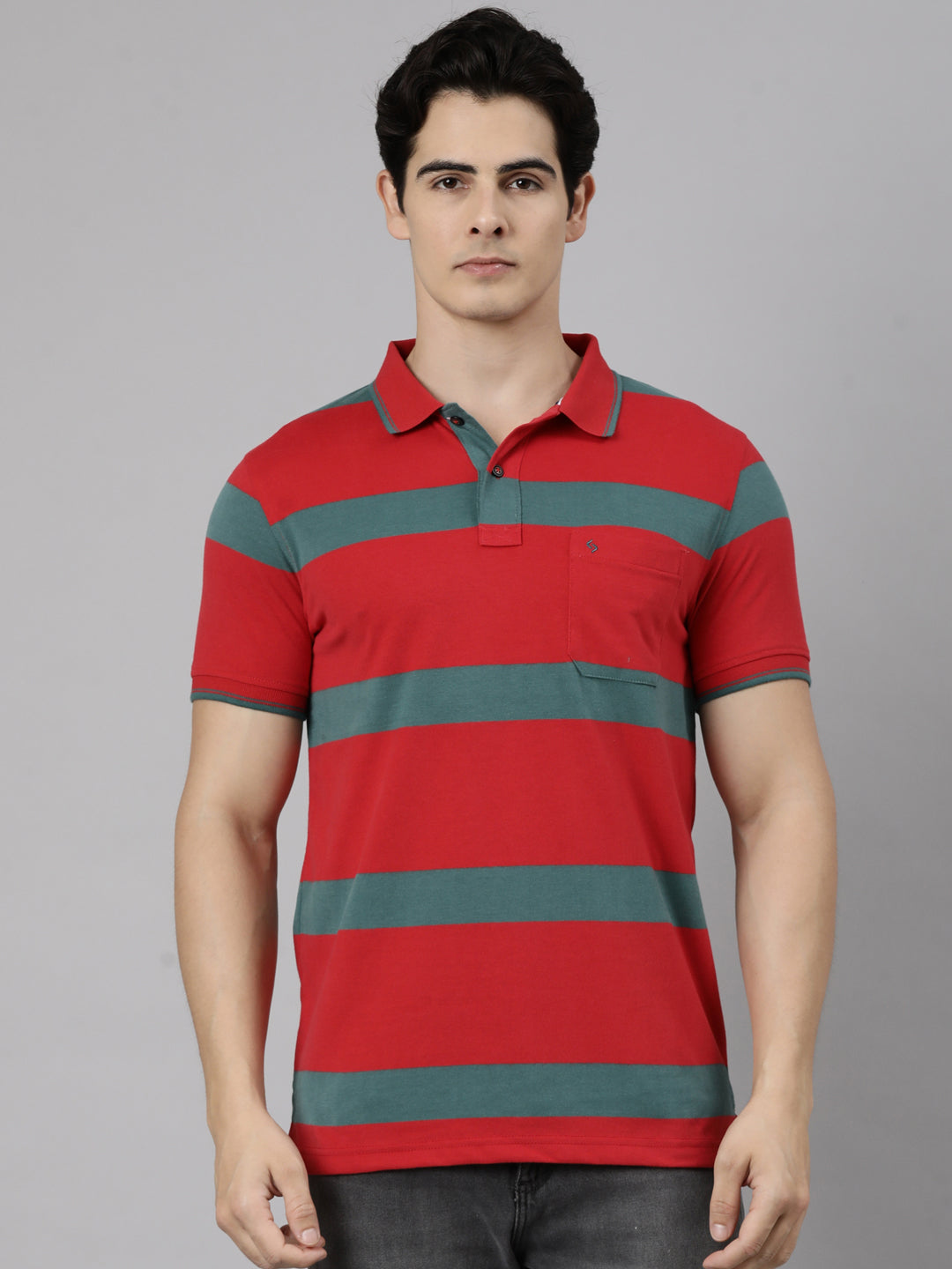 Classic Polo Men's Half Sleeve Red Polo Neck Slim Fit Striped Cotton Blend T-Shirt | CPEG - 368 A SF P