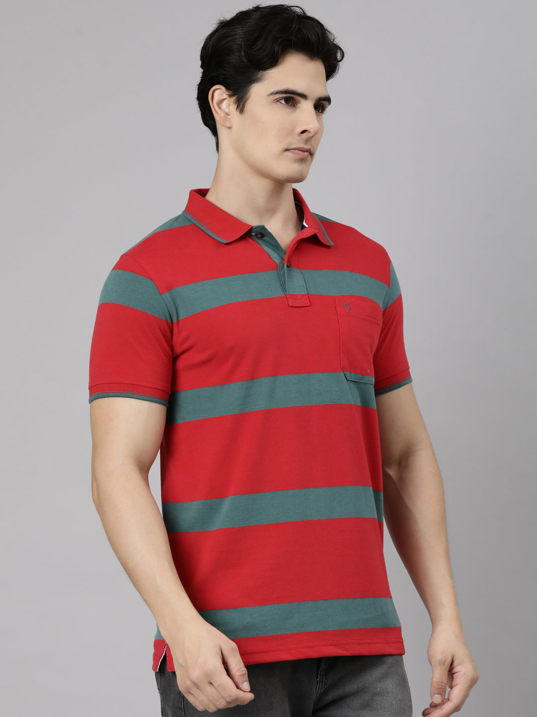 Classic Polo Men's Half Sleeve Red Polo Neck Slim Fit Striped Cotton Blend T-Shirt | CPEG - 368 A SF P