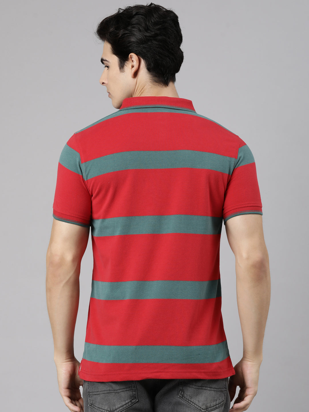 Classic Polo Men's Half Sleeve Red Polo Neck Slim Fit Striped Cotton Blend T-Shirt | CPEG - 368 A SF P
