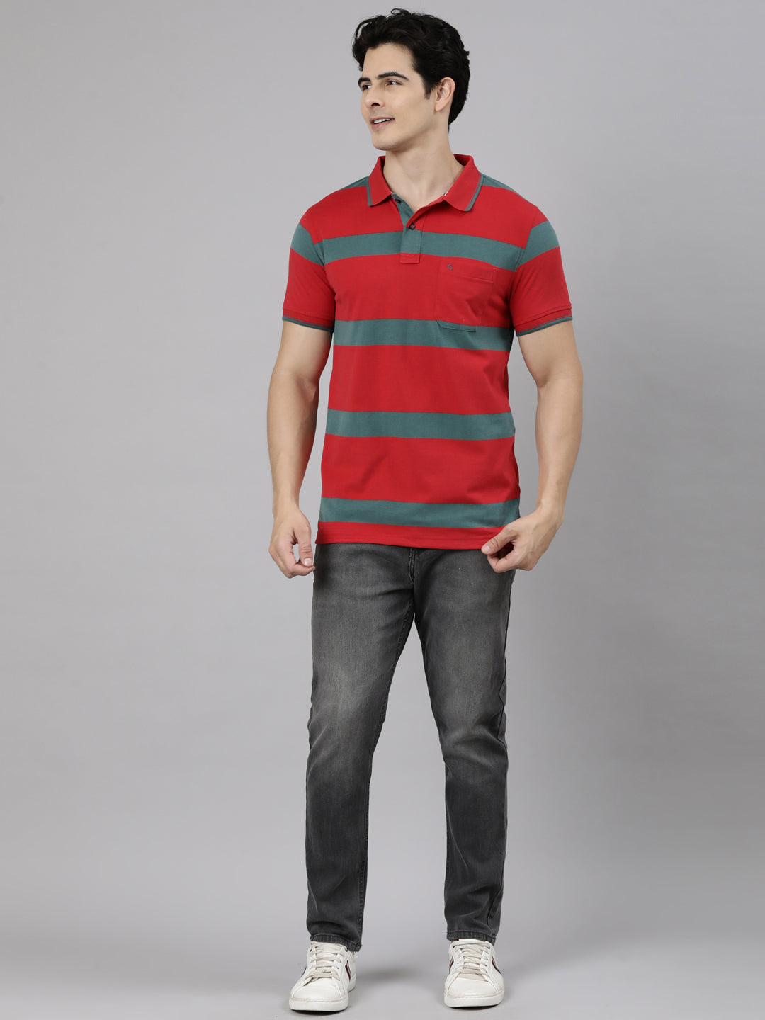 Classic Polo Men's Half Sleeve Red Polo Neck Slim Fit Striped Cotton Blend T-Shirt | CPEG - 368 A SF P