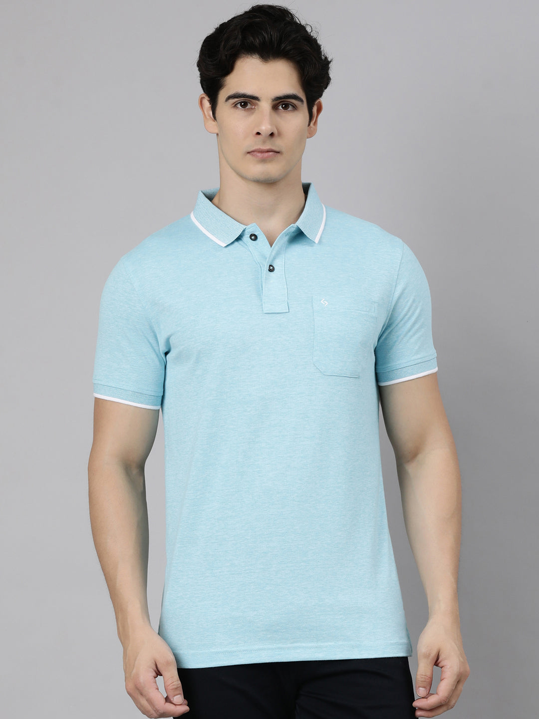 Classic Polo Men's Half Sleeve Light Blue Polo Neck Slim Fit Solid Cotton Blend T-Shirt | CPEG - 372 A SF P