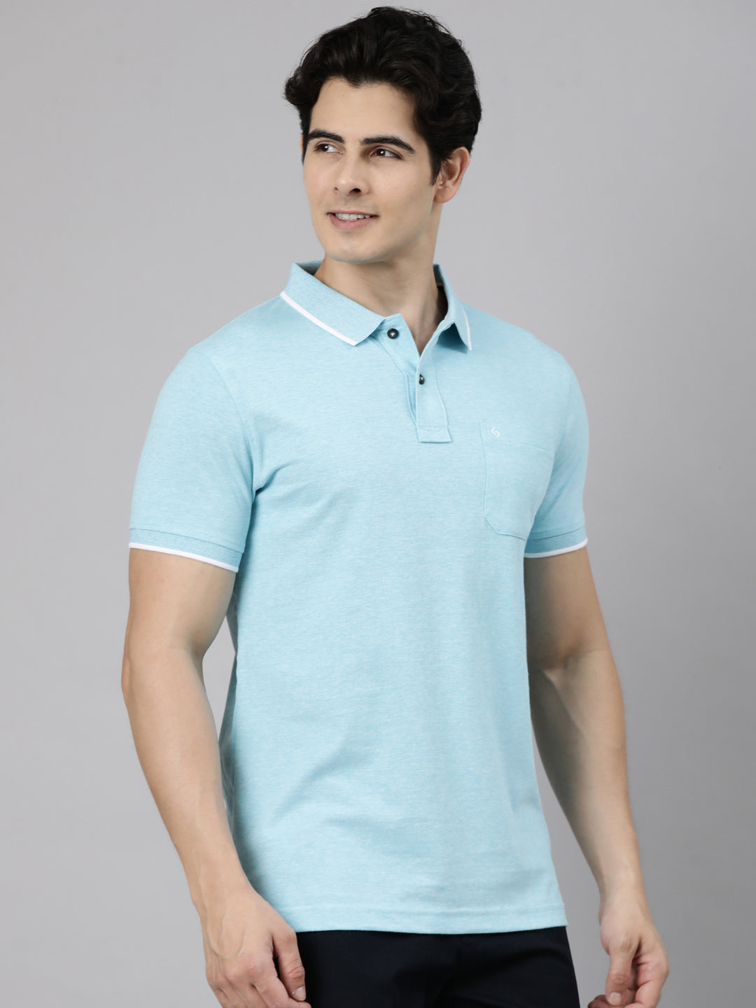 Classic Polo Men's Half Sleeve Light Blue Polo Neck Slim Fit Solid Cotton Blend T-Shirt | CPEG - 372 A SF P