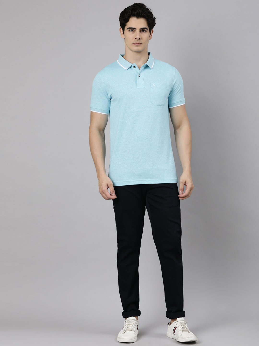 Classic Polo Men's Half Sleeve Light Blue Polo Neck Slim Fit Solid Cotton Blend T-Shirt | CPEG - 372 A SF P