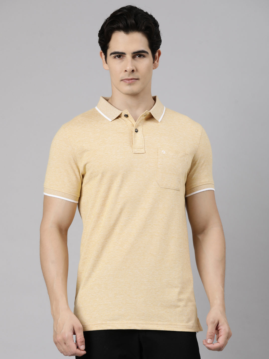 Classic Polo Men's Half Sleeve Mustard Yellow Polo Neck Slim Fit Solid Cotton Blend T-Shirt | CPEG - 372 B SF P