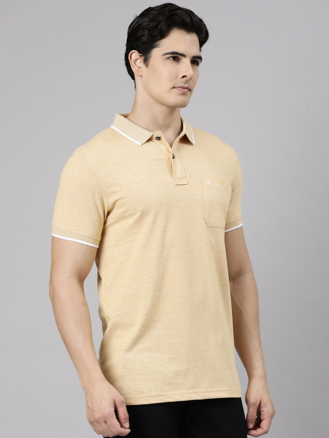 Classic Polo Men's Half Sleeve Mustard Yellow Polo Neck Slim Fit Solid Cotton Blend T-Shirt | CPEG - 372 B SF P