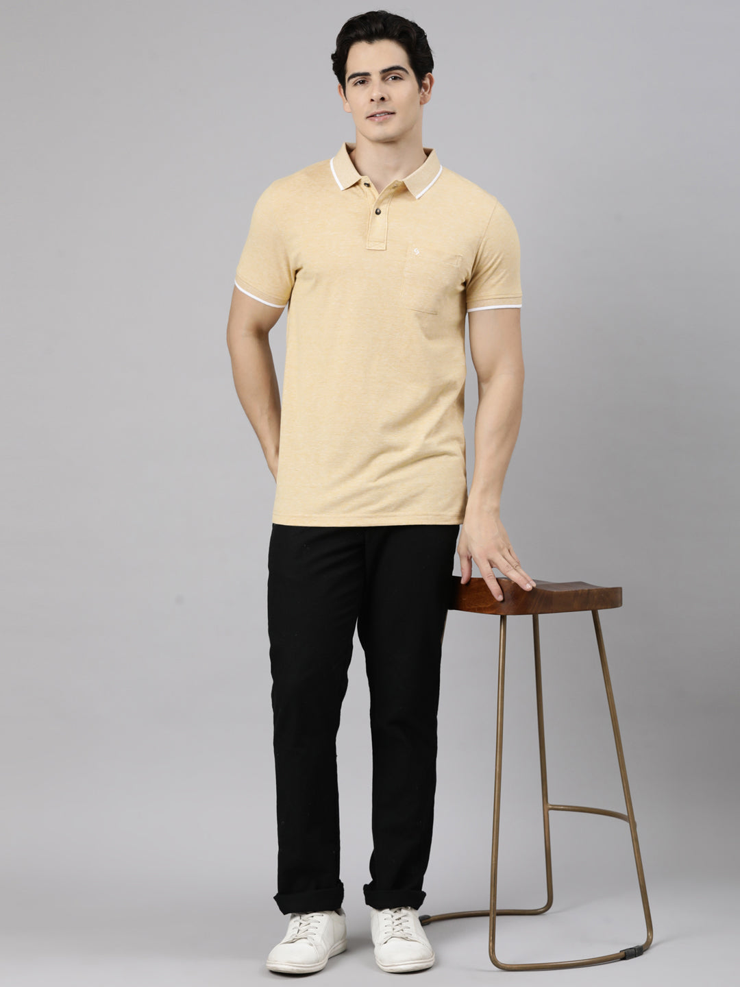 Classic Polo Men's Half Sleeve Mustard Yellow Polo Neck Slim Fit Solid Cotton Blend T-Shirt | CPEG - 372 B SF P