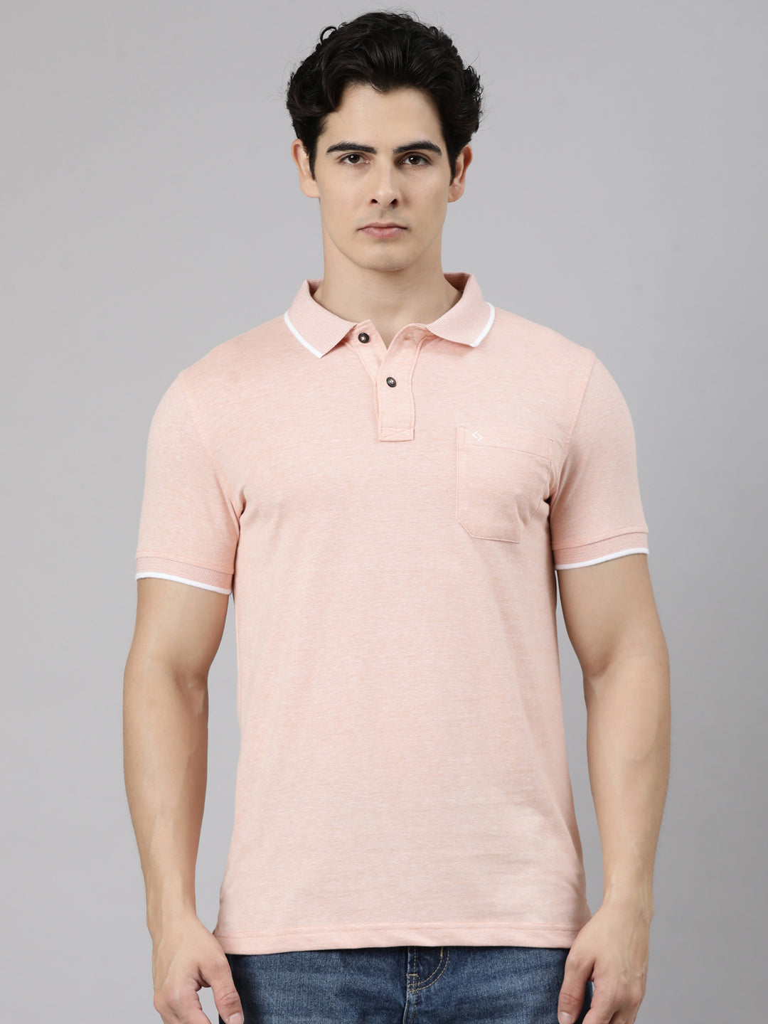 Classic Polo Men's Half Sleeve Light Orange Polo Neck Slim Fit Solid Cotton Blend T-Shirt | CPEG - 373 A SF P