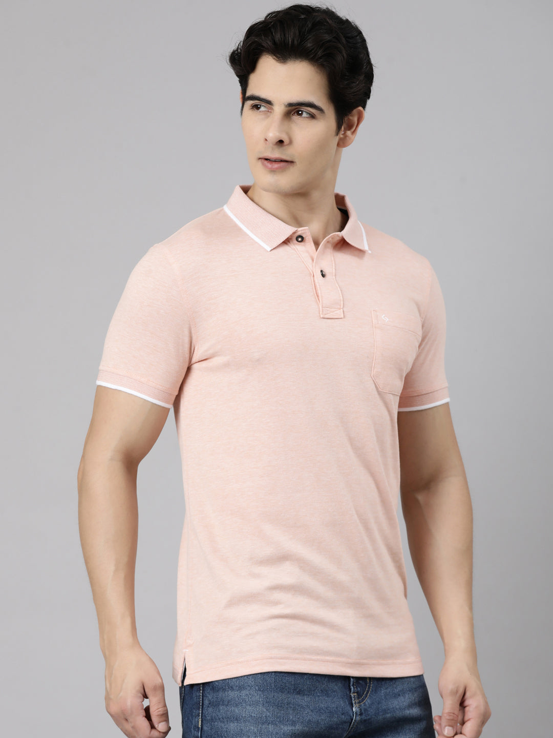 Classic Polo Men's Half Sleeve Light Orange Polo Neck Slim Fit Solid Cotton Blend T-Shirt | CPEG - 373 A SF P