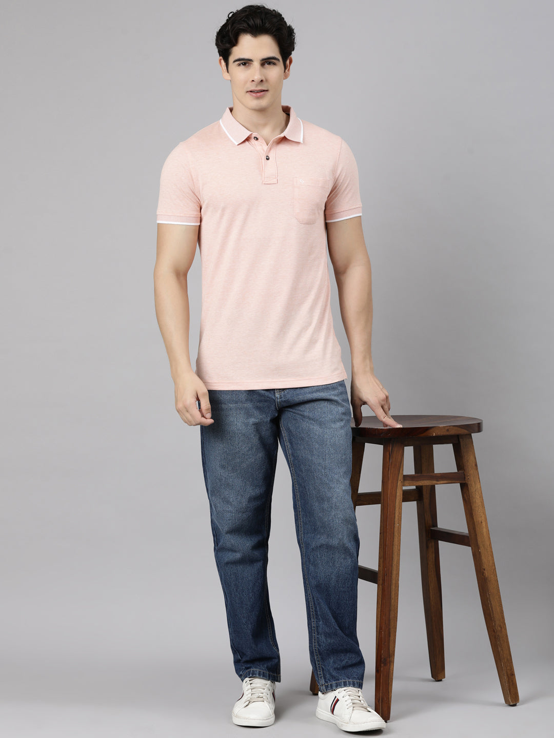 Classic Polo Men's Half Sleeve Light Orange Polo Neck Slim Fit Solid Cotton Blend T-Shirt | CPEG - 373 A SF P